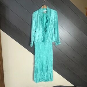 Rafael Women's Teal Metallic Ruffle Tie Jacket 6 Accordion Jacquard Sheer Maxi S